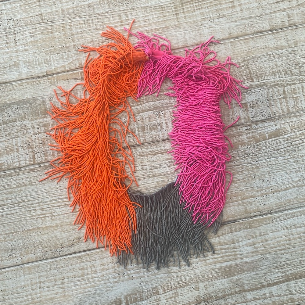 Mignonne Gavigan Beaded Fringe Necklace, Orange Gray and Pink